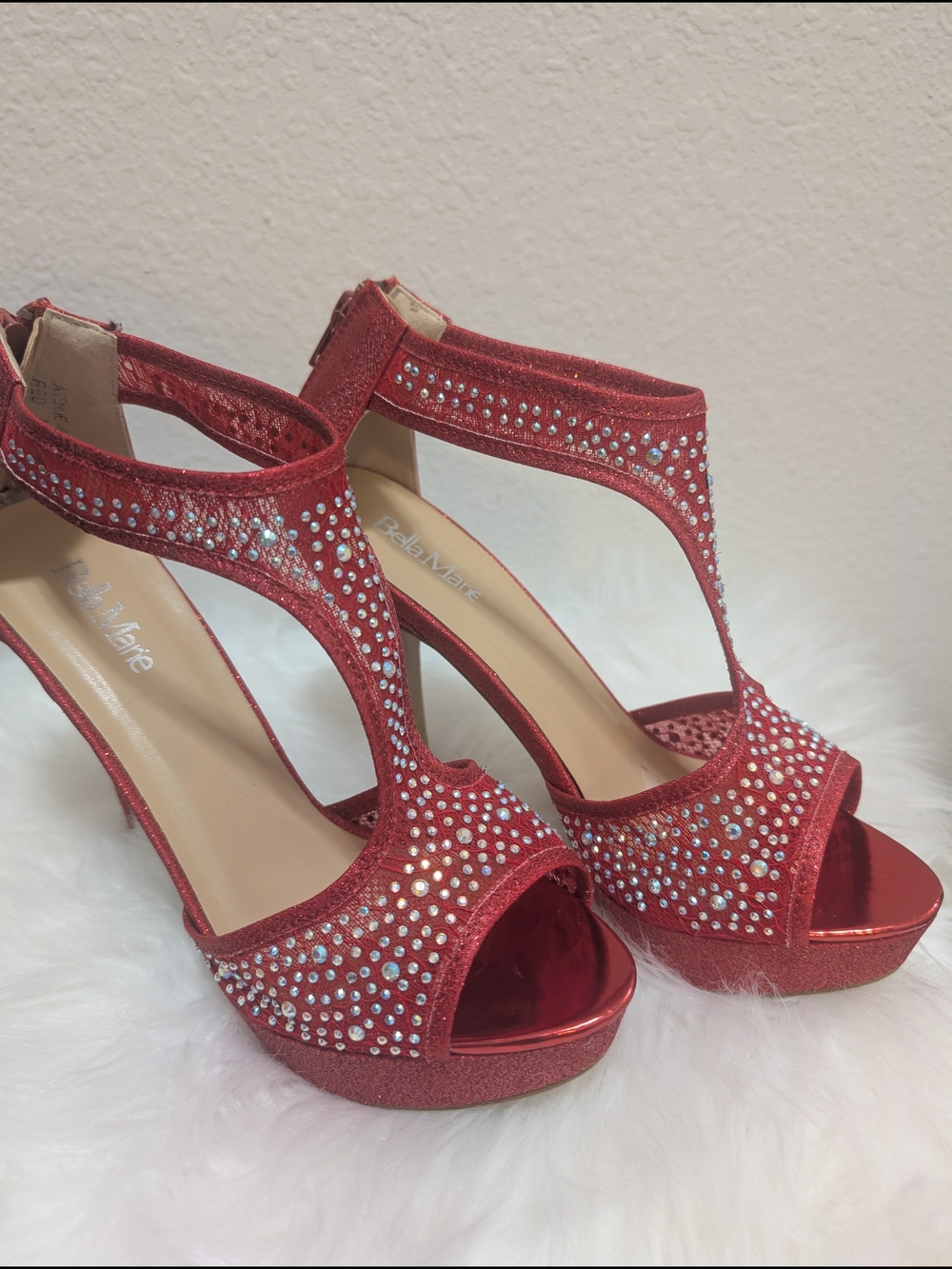 Red Rhinestone T-Strap Platform Heels - Picture 2 of 8